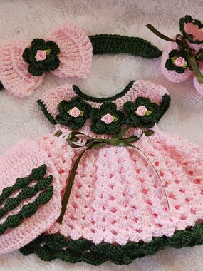 Crochet Baby Girl Pink and Dark Sage Headband Heirloom Dress Set Photo Prop